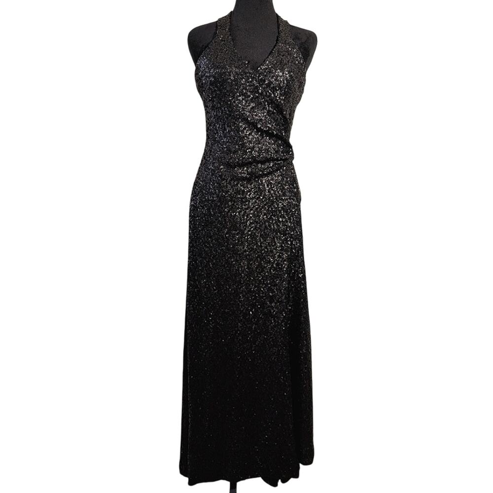 NWT $398 Dress the Population Giselle Sequin Wrap Formal Gown Black Medium